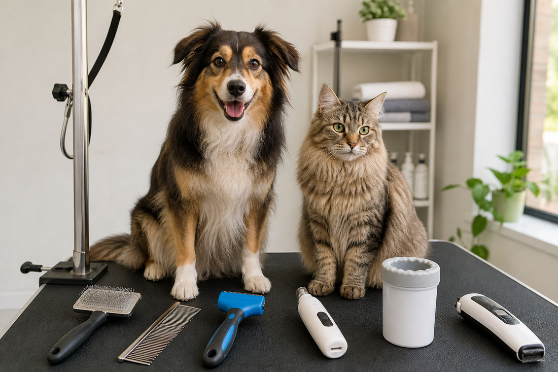Dog and cat with pet grooming tools arranged on a table