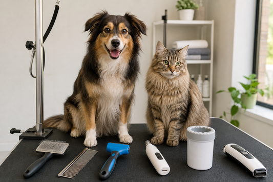 Dog and cat with pet grooming tools arranged on a table