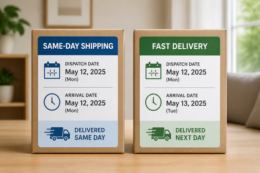 Two package labels comparing same-day shipping and fast delivery next to a clock and calendar.