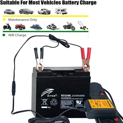 MBC022, 12V 2A Lead Acid & Lithium(Lifepo4) Automatic Trickle Battery Charger Smart Battery Maintainer for Car Motorcycle Lawn Mower Boat ATV SLA AGM Gel Lithium(Lifepo4) and More Batteries