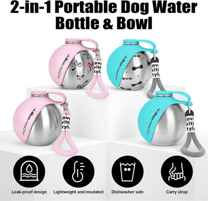 Portable Dog Water Bottle 10Oz Stainless Steel Travel Bowl
