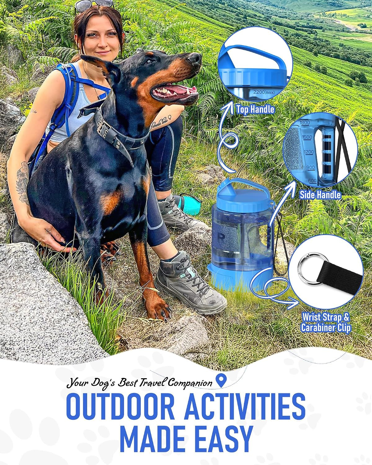 Portable Dog Travel Water Bottle, 77Oz Large Dog Water Bowl Dispenser Portable, Leakproof Pet Drinking Bottle Dispenser for Hiking Camping Walking Travelling Beach Car Trips, BPA Free,Blue