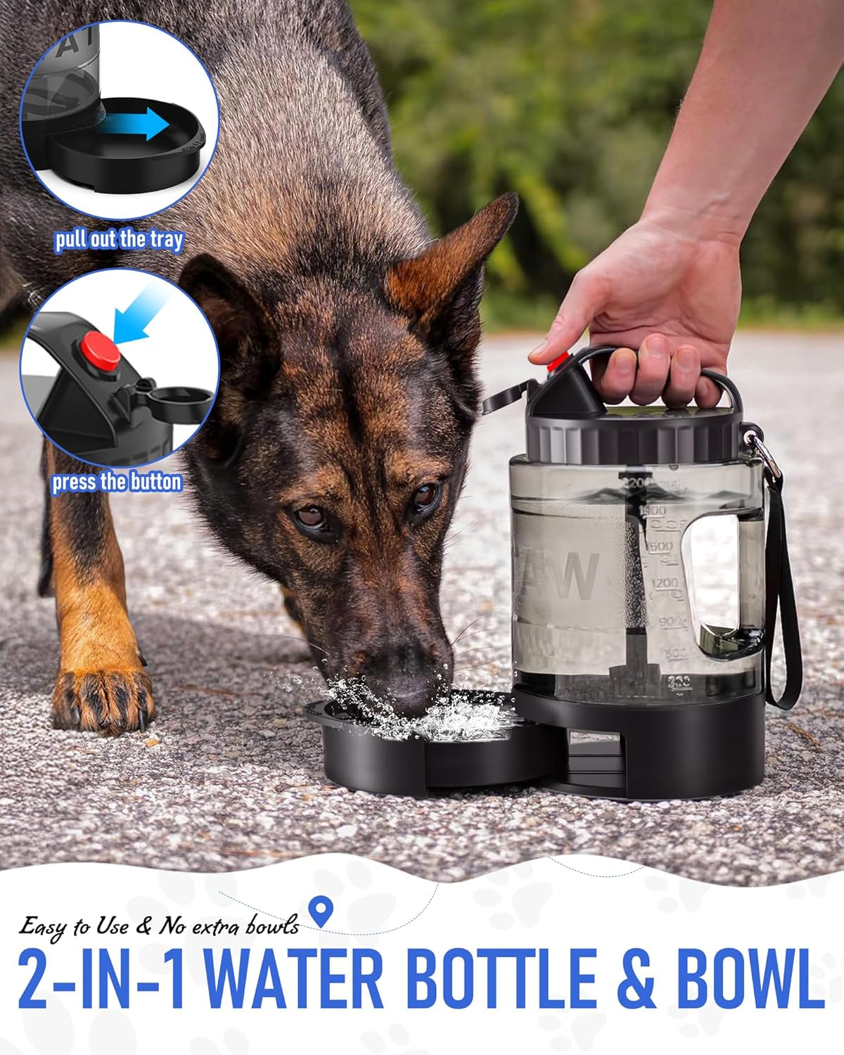 Dog Water Bottle Travel Bowl, 77Oz Large Portable Dog Water Bowl Dispenser, Leakproof Pet Drinking Bottle Dispenser for Hiking Camping Walking Travelling Beach Car Trips, BPA Free, Black