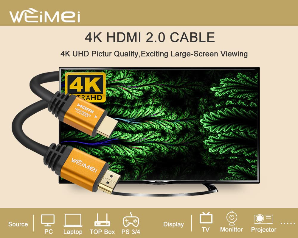 6 Feet 4K HDMI Cable 2.0 HDMI Cord 6Ft Support 4K@60Hz UHD 2160P Ethernet 3D ARC with Gold-Plated Connector and Bare Copper Conductor(From 6Ft to 125 Ft for Choices)