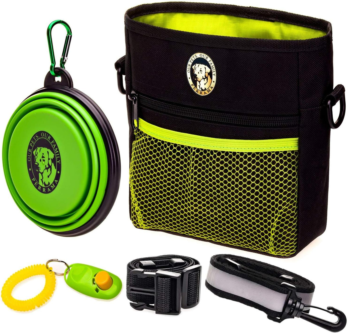 Dog Treat Pouch for Training & Walking, Pet Treat Bag with Poop Bag Dispenser, Pro Clicker, Collapsible Travel Bowl & Reflective Shoulder Strap - Black/Green
