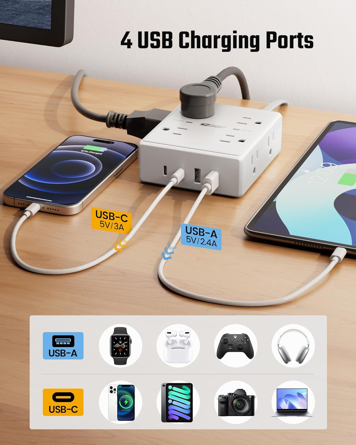 Extension Cord,Flat Plug Surge Protector Power Strip,6Ft