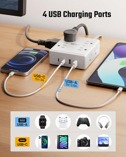 Extension Cord,Flat Plug Surge Protector Power Strip,6Ft
