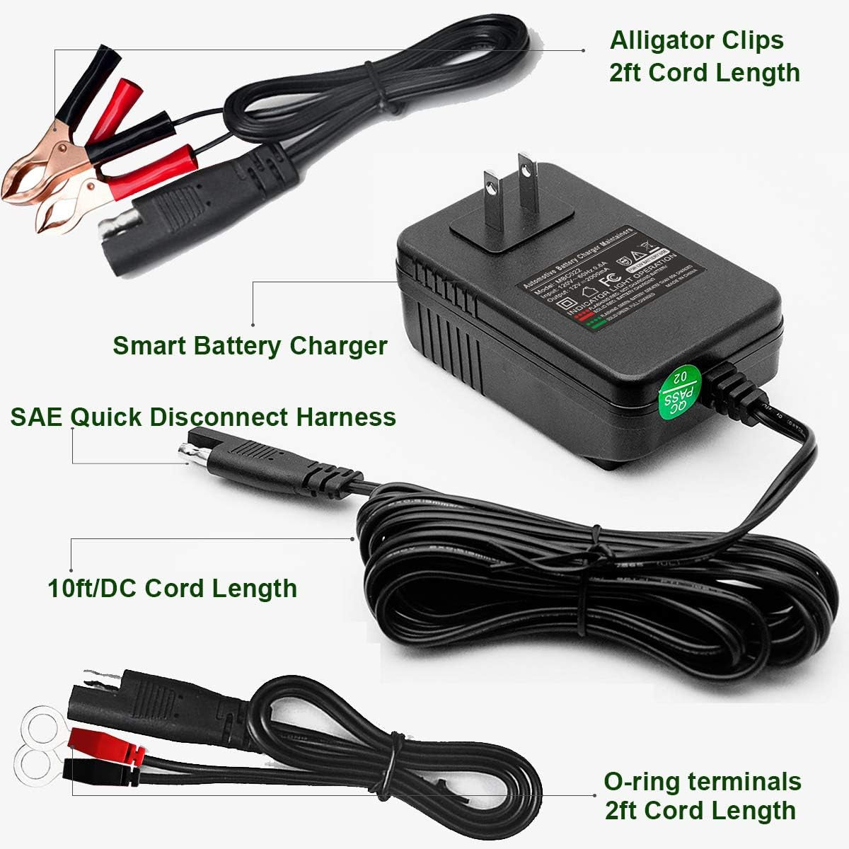 MBC022, 12V 2A Lead Acid & Lithium(Lifepo4) Automatic Trickle Battery Charger Smart Battery Maintainer for Car Motorcycle Lawn Mower Boat ATV SLA AGM Gel Lithium(Lifepo4) and More Batteries