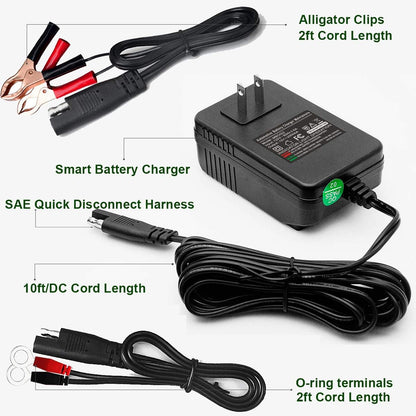 MBC022, 12V 2A Lead Acid & Lithium(Lifepo4) Automatic Trickle Battery Charger Smart Battery Maintainer for Car Motorcycle Lawn Mower Boat ATV SLA AGM Gel Lithium(Lifepo4) and More Batteries