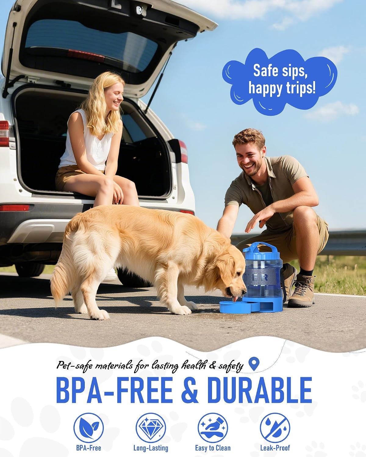 Portable Dog Travel Water Bottle, 77Oz Large Dog Water Bowl Dispenser Portable, Leakproof Pet Drinking Bottle Dispenser for Hiking Camping Walking Travelling Beach Car Trips, BPA Free,Blue