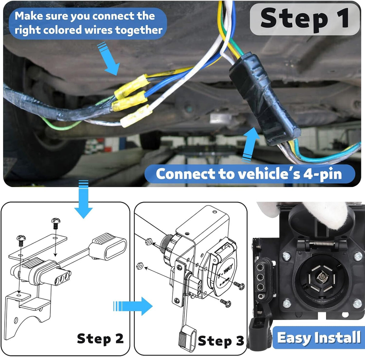 Multi-Tow 4-Way Flat to 7-Way RV Blade and 4-Way Flat Female End Trailer Wiring Adapter Connector Kit, 4 Pin Vehicle-Side Trailer Light Plug to Dual-Output 7 Blade & 4 Flat with Mounting Bracket