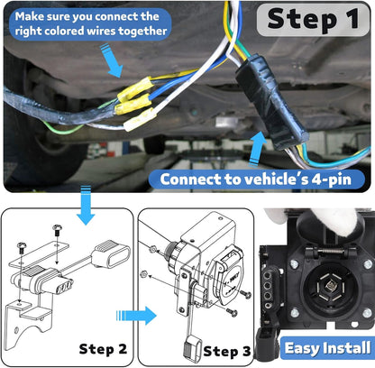 Multi-Tow 4-Way Flat to 7-Way RV Blade and 4-Way Flat Female End Trailer Wiring Adapter Connector Kit, 4 Pin Vehicle-Side Trailer Light Plug to Dual-Output 7 Blade & 4 Flat with Mounting Bracket