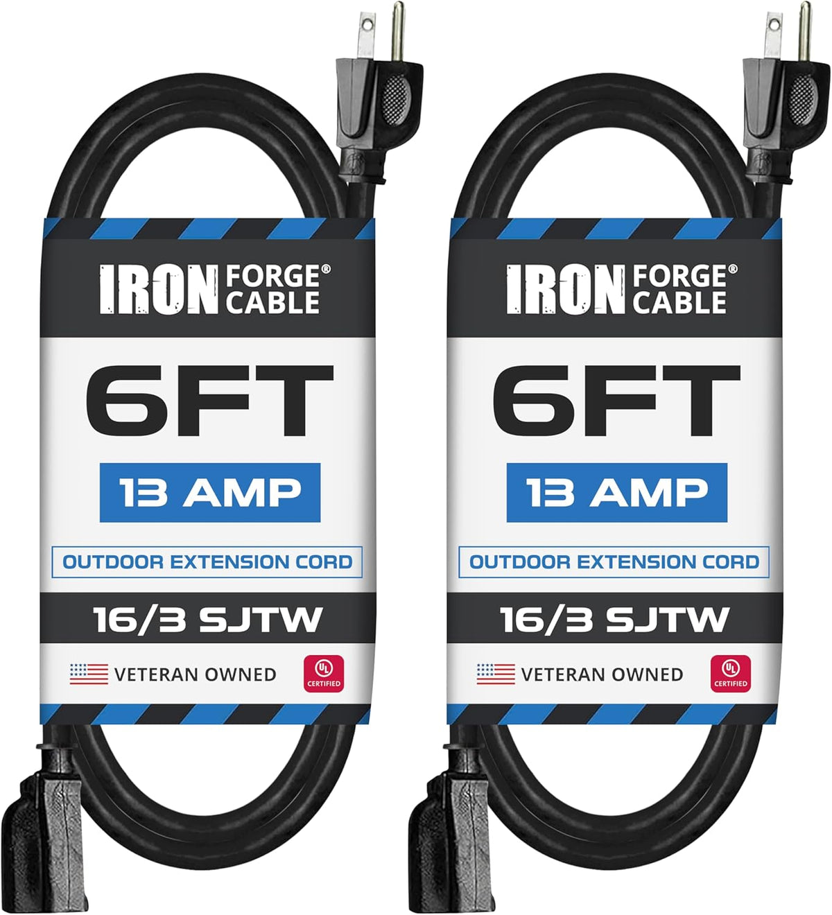 2 Pack of 6 Ft Outdoor Extension Cords - 16/3 Heavy Duty Black Extension Cord Pack
