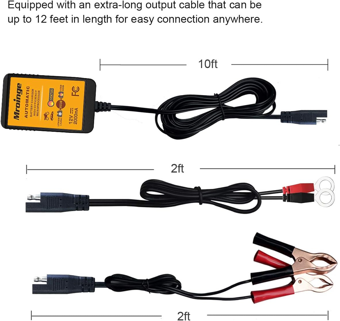 MBC022, 12V 2A Lead Acid & Lithium(Lifepo4) Automatic Trickle Battery Charger Smart Battery Maintainer for Car Motorcycle Lawn Mower Boat ATV SLA AGM Gel Lithium(Lifepo4) and More Batteries