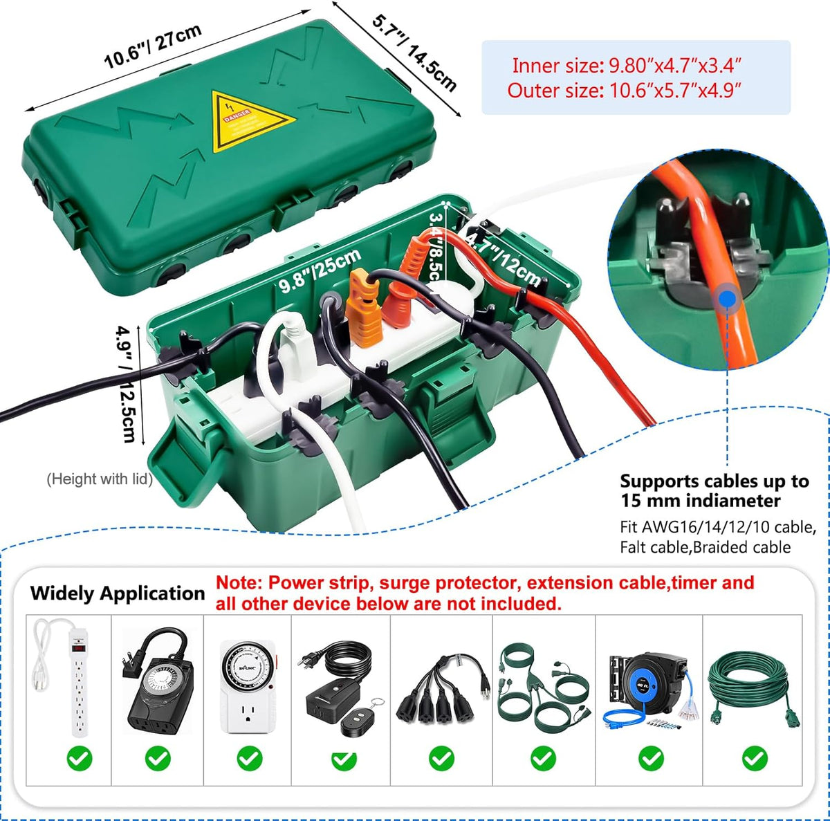 Medium Outdoor Electrical Box(10.6X5.7X4.9Inch),Weatherproof Connection Box W/6 Cable Entry,Ip54 Waterproof Extension Cord Cover Protect Power Strip,Timer,Plug,Holiday Lights,Green