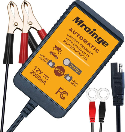 MBC022, 12V 2A Lead Acid & Lithium(Lifepo4) Automatic Trickle Battery Charger Smart Battery Maintainer for Car Motorcycle Lawn Mower Boat ATV SLA AGM Gel Lithium(Lifepo4) and More Batteries