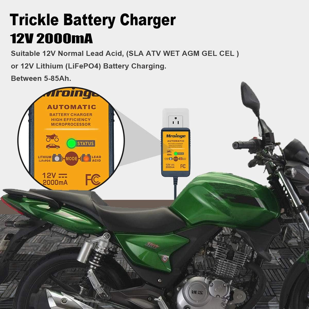 MBC022, 12V 2A Lead Acid & Lithium(Lifepo4) Automatic Trickle Battery Charger Smart Battery Maintainer for Car Motorcycle Lawn Mower Boat ATV SLA AGM Gel Lithium(Lifepo4) and More Batteries