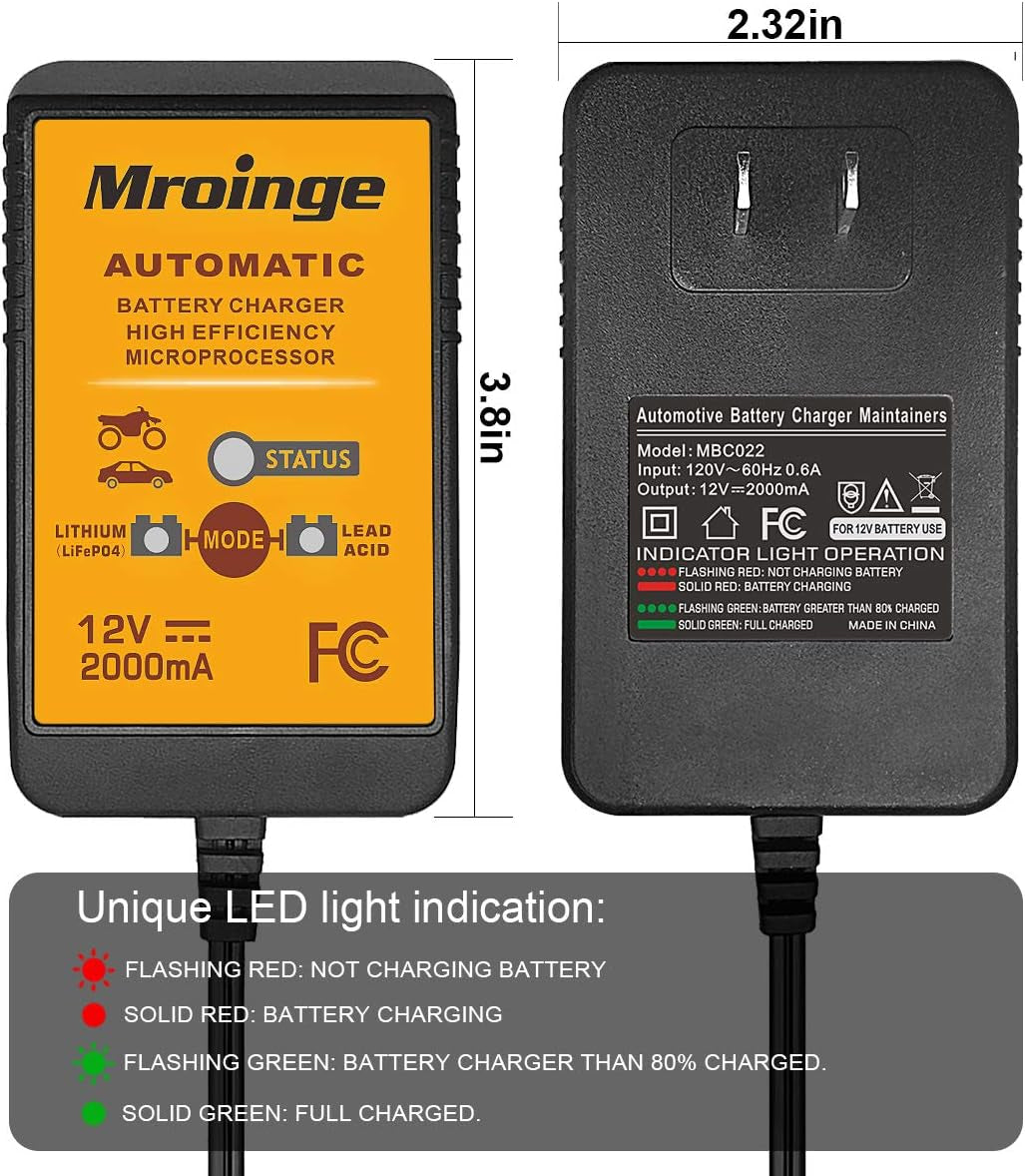 MBC022, 12V 2A Lead Acid & Lithium(Lifepo4) Automatic Trickle Battery Charger Smart Battery Maintainer for Car Motorcycle Lawn Mower Boat ATV SLA AGM Gel Lithium(Lifepo4) and More Batteries