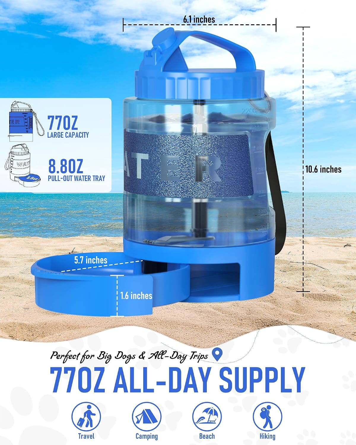 Portable Dog Travel Water Bottle, 77Oz Large Dog Water Bowl Dispenser Portable, Leakproof Pet Drinking Bottle Dispenser for Hiking Camping Walking Travelling Beach Car Trips, BPA Free,Blue