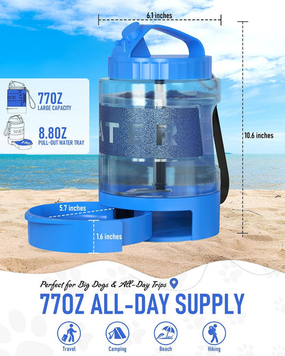 Portable Dog Travel Water Bottle, 77Oz Large Dog Water Bowl Dispenser Portable, Leakproof Pet Drinking Bottle Dispenser for Hiking Camping Walking Travelling Beach Car Trips, BPA Free,Blue