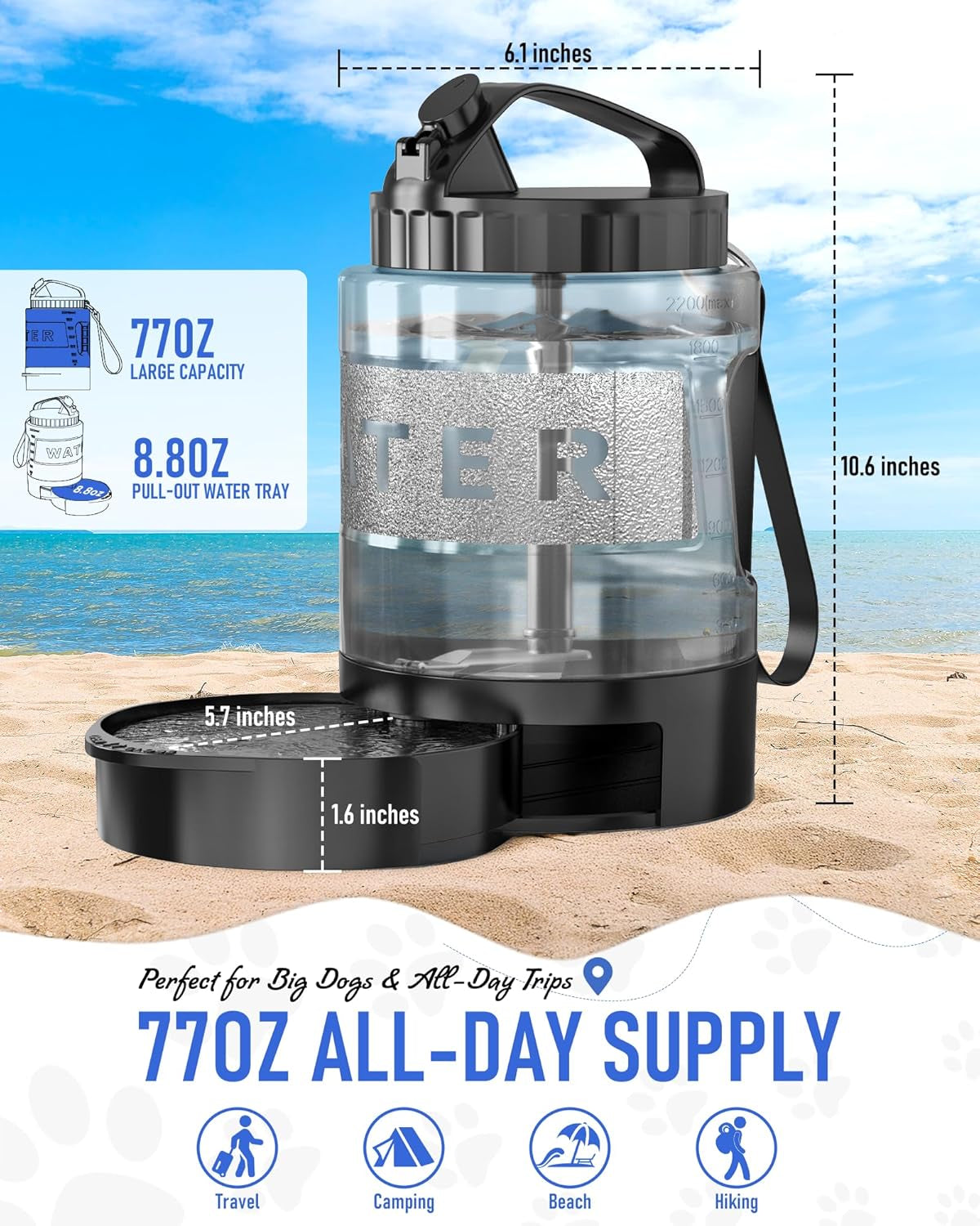 Dog Water Bottle Travel Bowl, 77Oz Large Portable Dog Water Bowl Dispenser, Leakproof Pet Drinking Bottle Dispenser for Hiking Camping Walking Travelling Beach Car Trips, BPA Free, Black