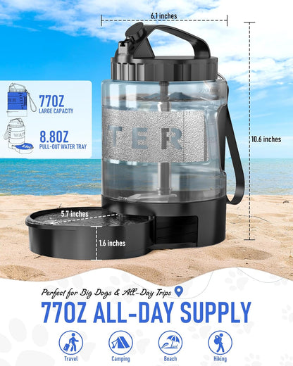 Dog Water Bottle Travel Bowl, 77Oz Large Portable Dog Water Bowl Dispenser, Leakproof Pet Drinking Bottle Dispenser for Hiking Camping Walking Travelling Beach Car Trips, BPA Free, Black
