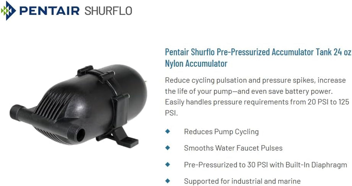 PENTAIR  182-200 Pre-Pressurized Accumulator Tank, 125 PSI, 24 Oz