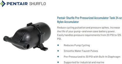 PENTAIR  182-200 Pre-Pressurized Accumulator Tank, 125 PSI, 24 Oz