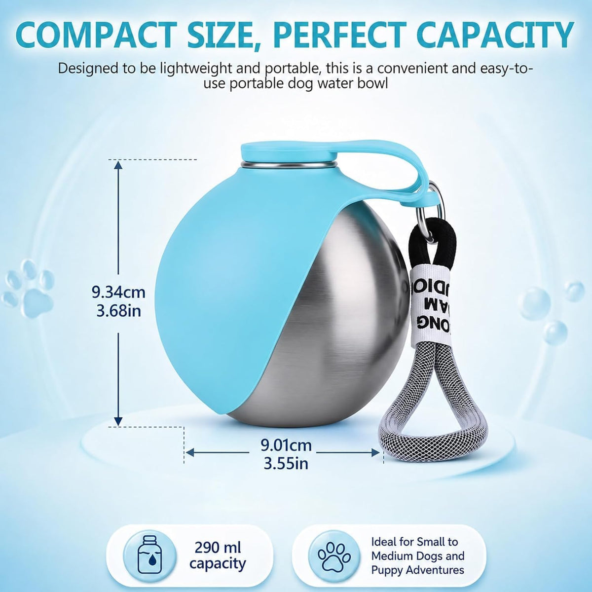 2 in 1 Portable Tumbler for Dogs, Portable Dog Water Ball, 10Oz Stainless Steel Pet Water Dispenser with Silicone Foldable Bowl, Leak Proof, Portable Small Dog Water Bottle for Walking, Hiking(Pink)