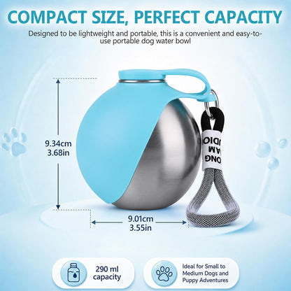 2 in 1 Portable Tumbler for Dogs, Portable Dog Water Ball, 10Oz Stainless Steel Pet Water Dispenser with Silicone Foldable Bowl, Leak Proof, Portable Small Dog Water Bottle for Walking, Hiking(Pink)
