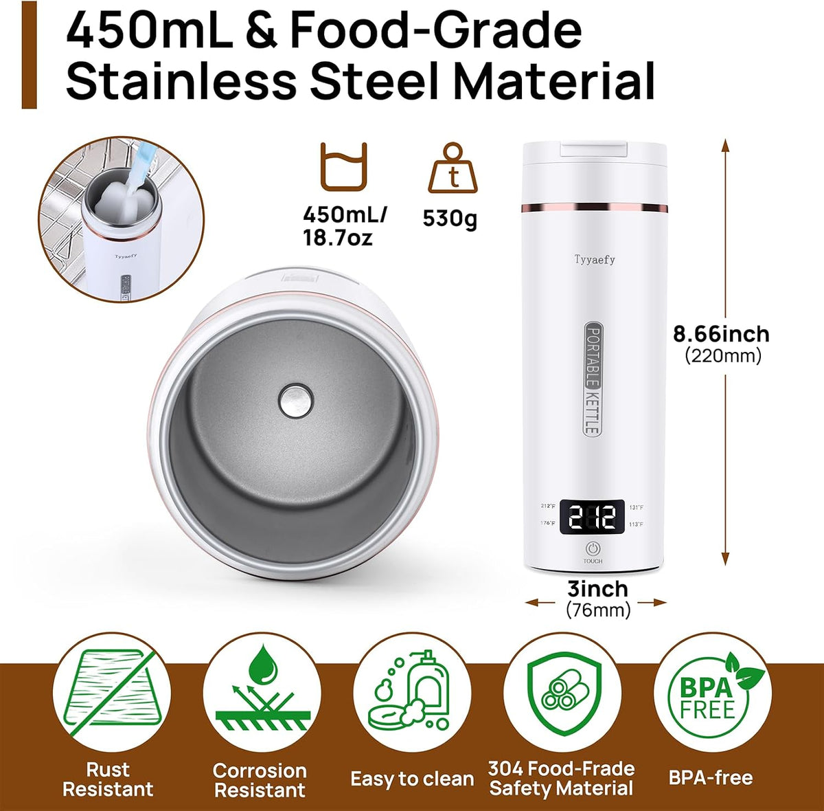 Portable Electric Kettle with Drinking Spout, Plug-In with Travel Bag, 450Ml 304 Stainless Steel, 4 Preset Temp, Rapid Boiling – Home/Office/Hotel/Caravan/Dorm/Business Trip