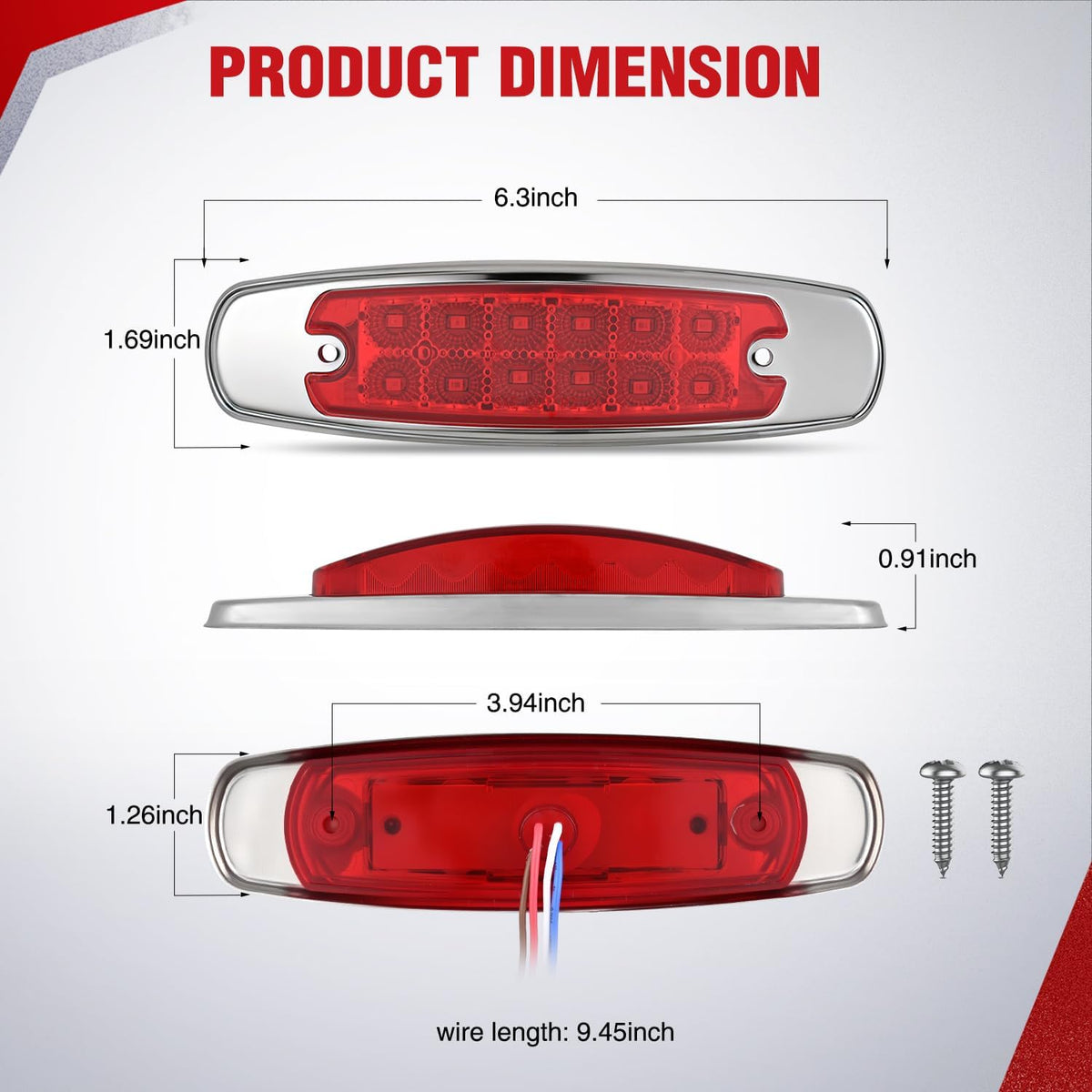 6.3" Red Rectangle Side Marker Light with High Low Strobe