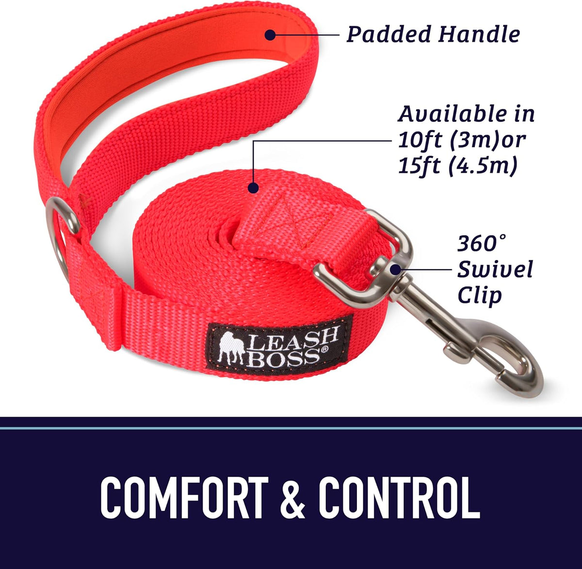 10 Foot Dog Leash with Padded Handle - Long Leash for Hiking, Camping, Exploring, or Walking (10 Feet, Black/Red/Grey)