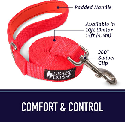10 Foot Dog Leash with Padded Handle - Long Leash for Hiking, Camping, Exploring, or Walking (10 Feet, Black/Red/Grey)