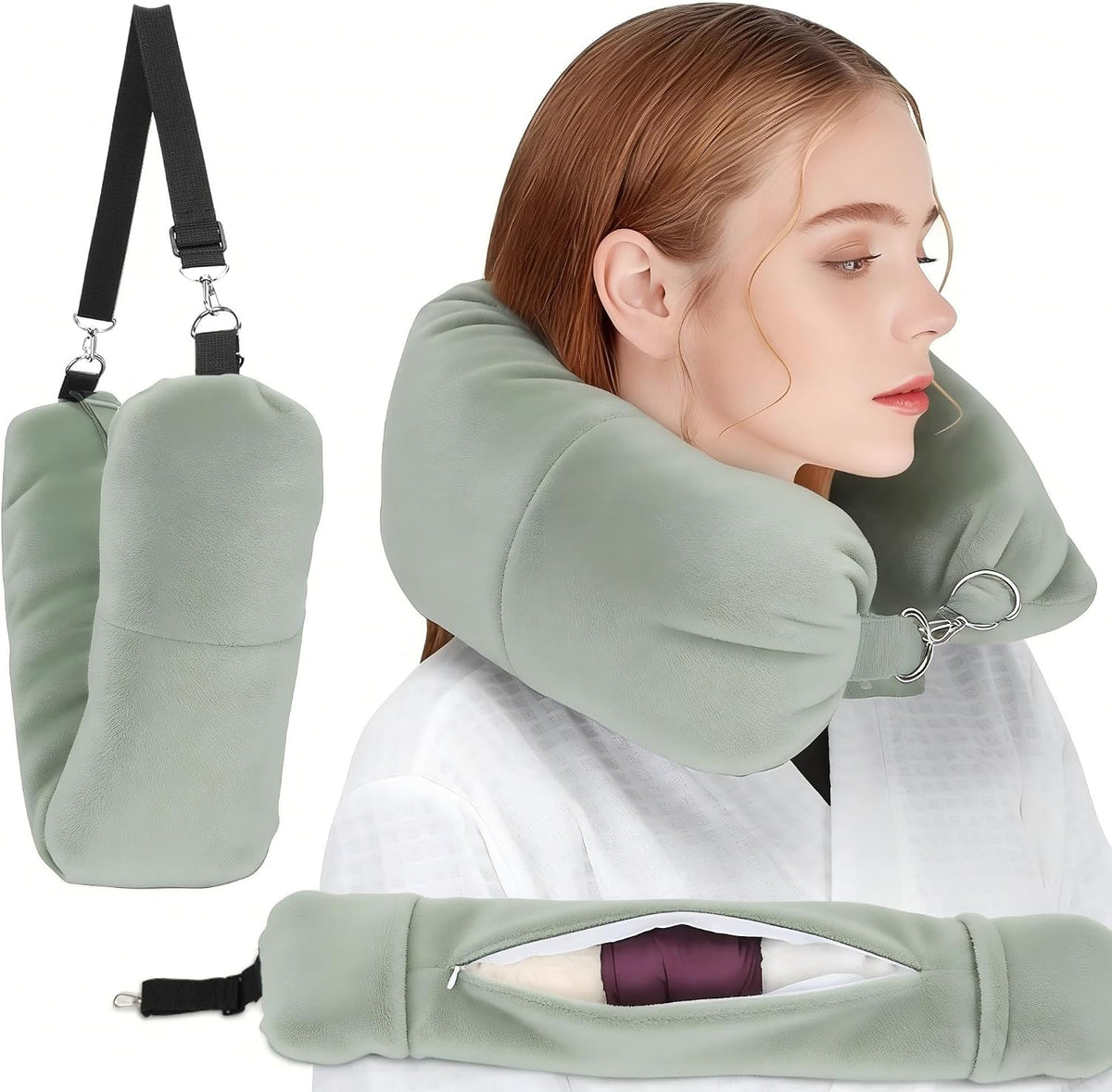 Stuffable Neck Pillow for Travel, Packable Neck Pillow (Sage Green)
