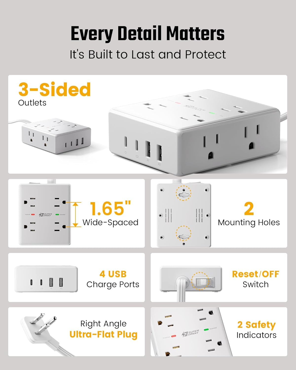 Extension Cord,Flat Plug Surge Protector Power Strip,6Ft