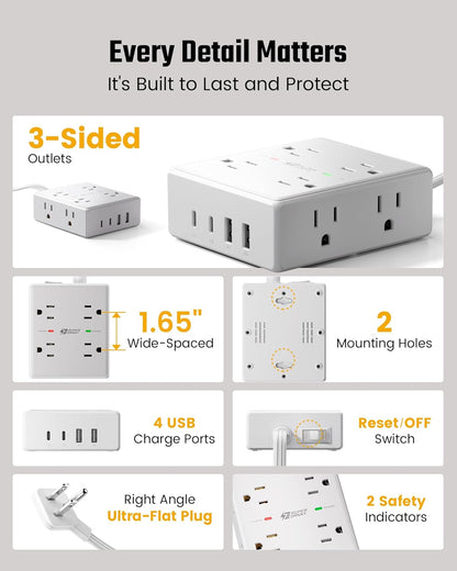 Extension Cord,Flat Plug Surge Protector Power Strip,6Ft