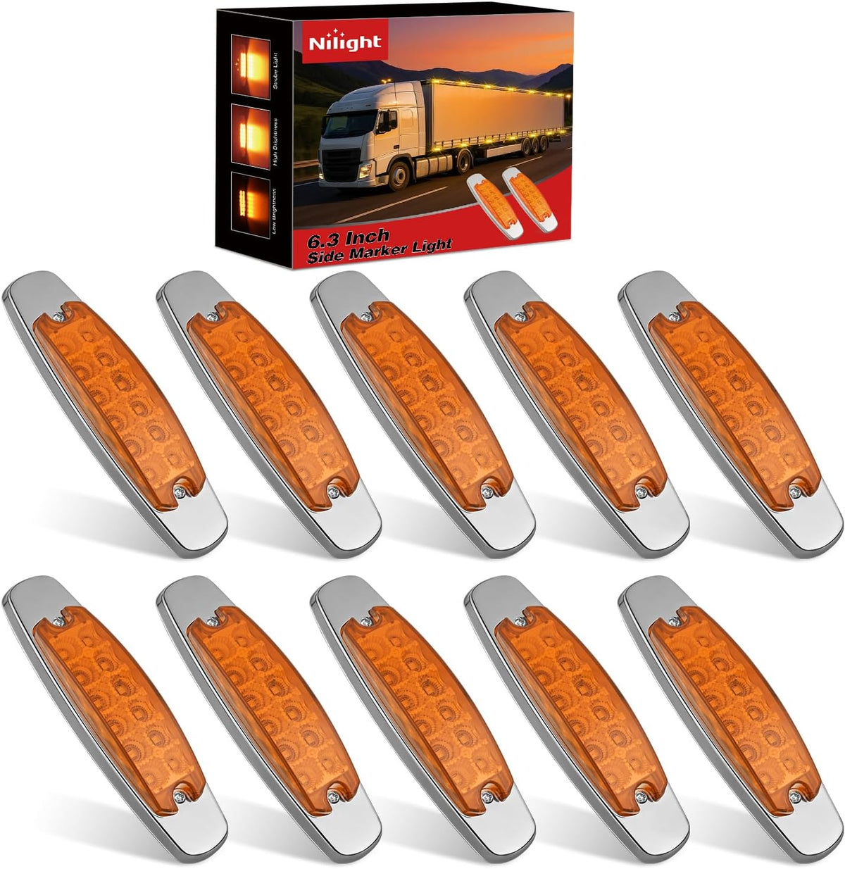 6.3" Amber Rectangle Side Marker Light with High Low Strobe