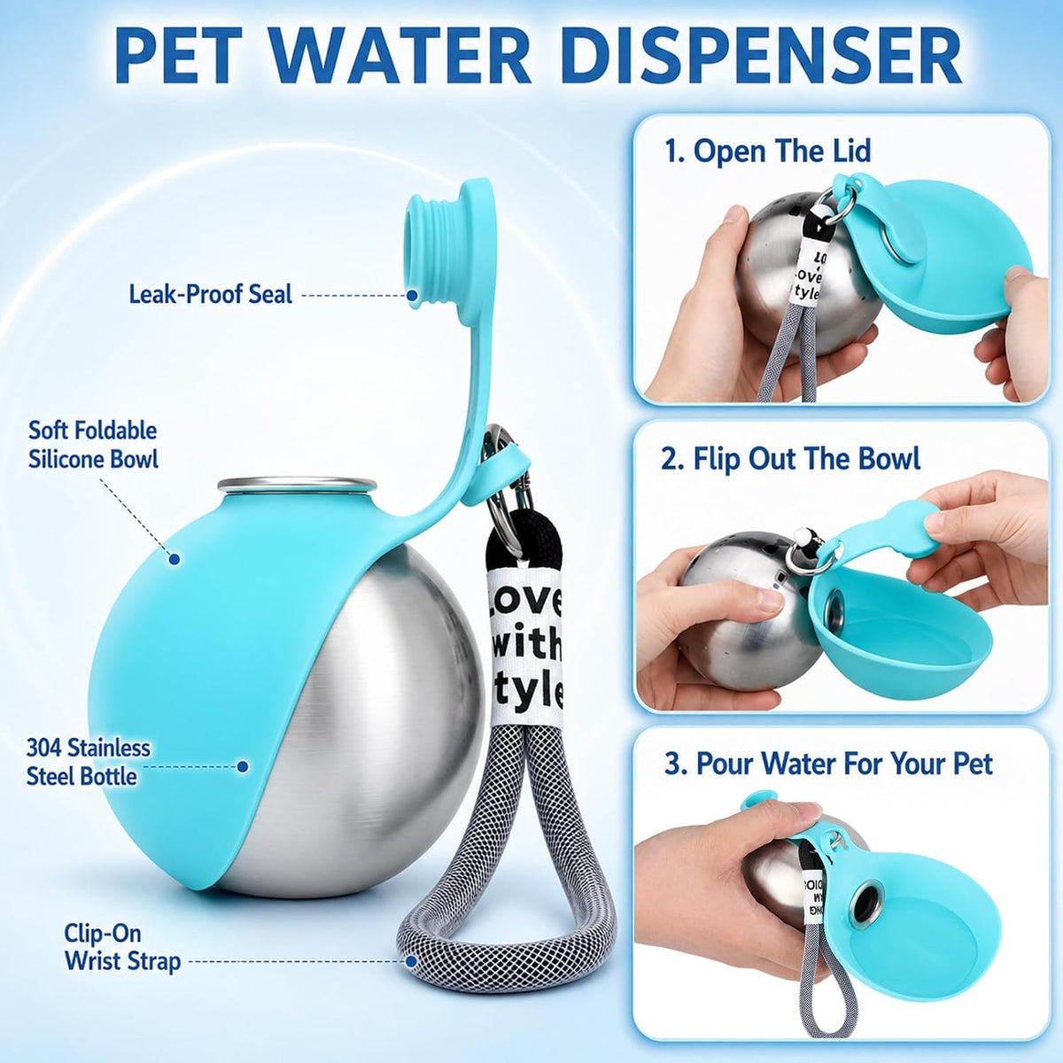 2 in 1 Portable Tumbler for Dogs, Portable Dog Water Ball, 10Oz Stainless Steel Pet Water Dispenser with Silicone Foldable Bowl, Leak Proof, Portable Small Dog Water Bottle for Walking, Hiking(Pink)