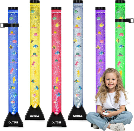 4FT Sensory Tube Lamp, Aquarium Bubble Fish Lamp with Remote Control, 20 Color Changing Effects, 12 Fish Accessories, Bubble Sensory Room, Night Light, Sensory Light for ADHD and Autism (Black)
