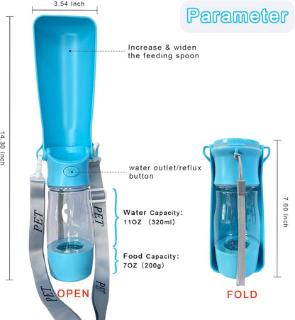 Portable 2-In-1 Pet Water Bottle for Dogs Cats, Leakproof 8Oz Travel Bottle with Food Storage, Blue
