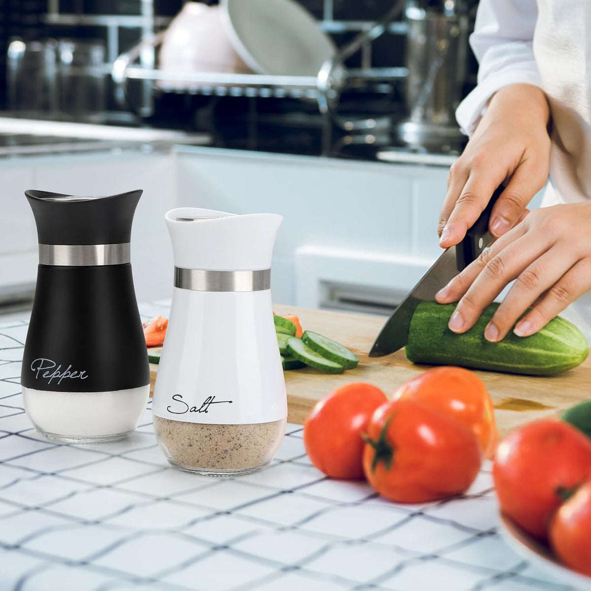 Salt and Pepper Shakers Set, 4 Oz Stainless Steel Salt Pepper Shaker Containers with Glass Bottom for Kitchen Cooking, BBQ, Bar, Table, RV, Camp