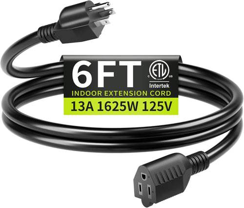16/3 Black Extension Cord 6 FT Indoor, Short Extension Cord