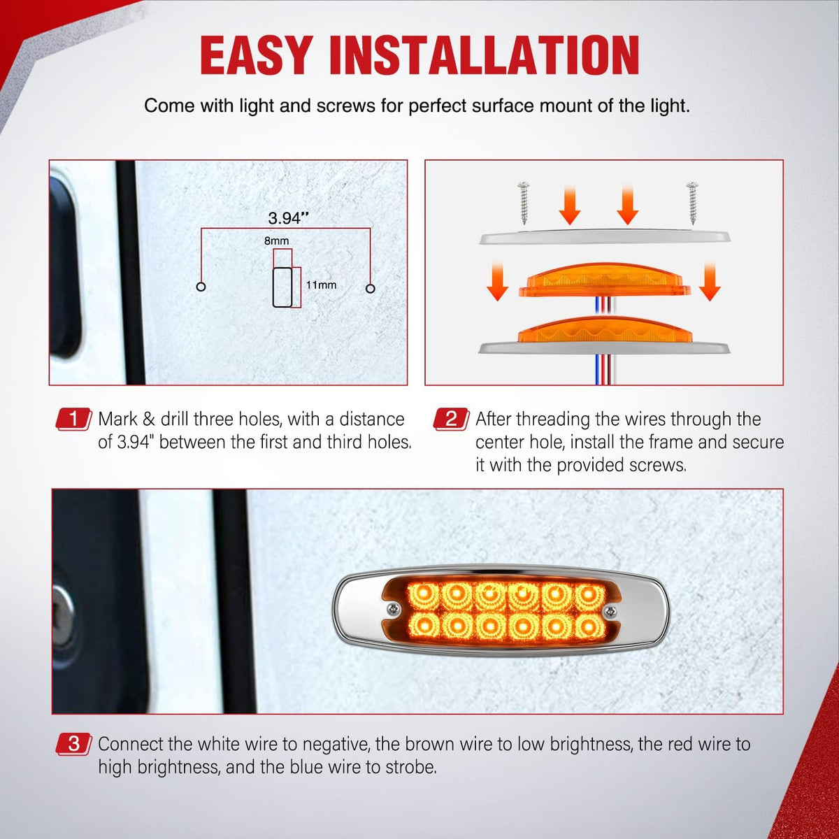 6.3" Amber Rectangle Side Marker Light with High Low Strobe