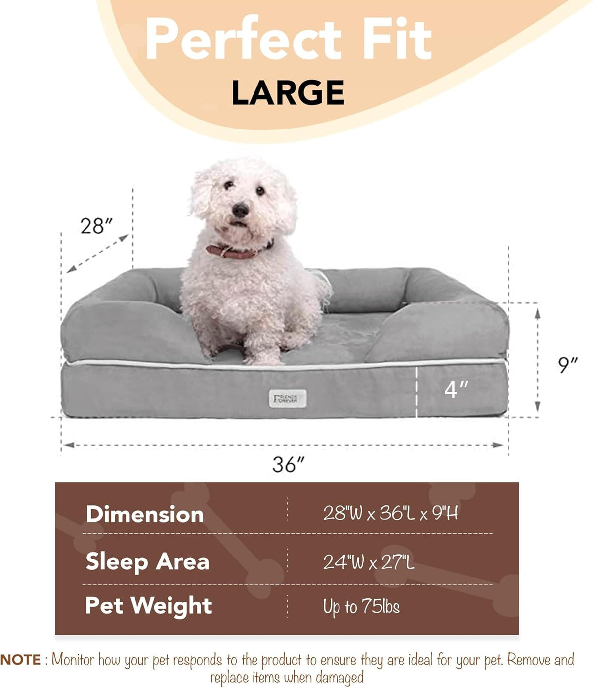 Orthopedic Dog Bed, Memory Foam Pet Sofa, Calming Dog Couch, Water Resistant Pet Bed, Washable Cover, Non-Slip Bottom, Chester, Cocoa Brown, 36" X 28" X 9"