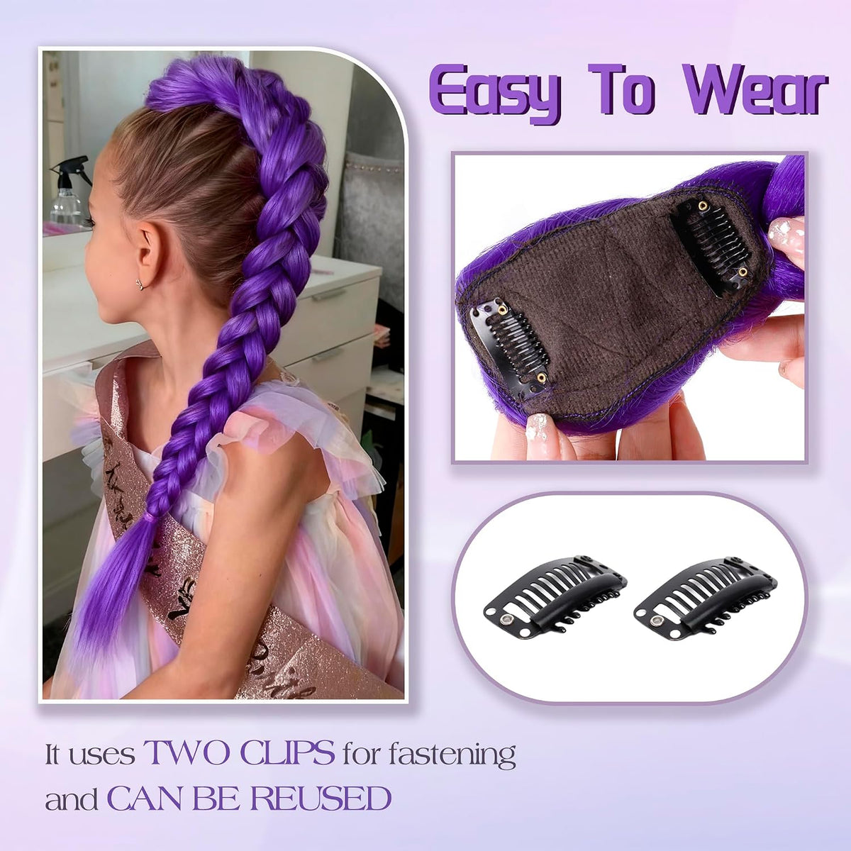 Long Purple Braids Ponytail 26 Inch Clip in Pre Braiding Purple Hair