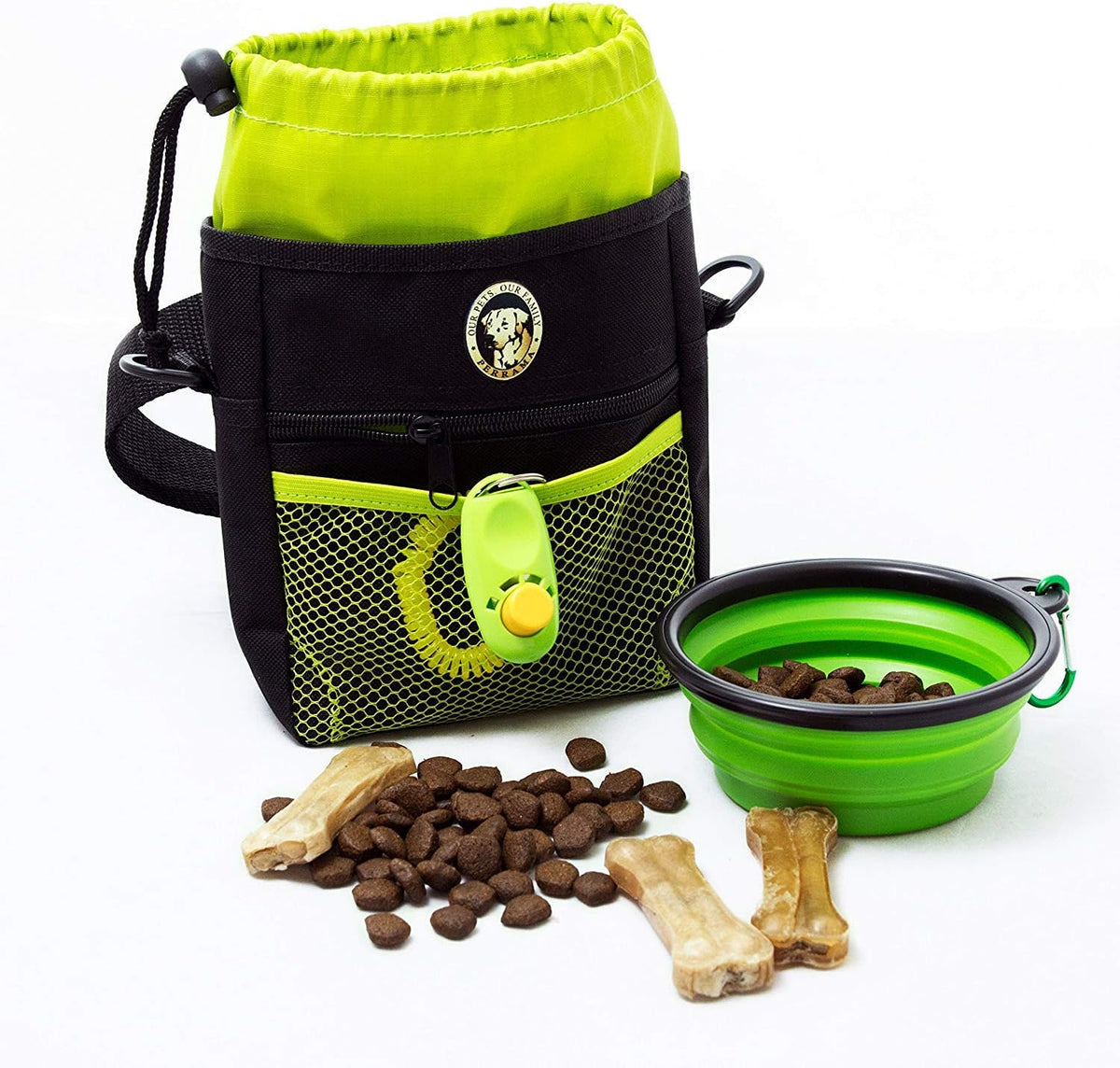 Dog Treat Pouch for Training & Walking, Pet Treat Bag with Poop Bag Dispenser, Pro Clicker, Collapsible Travel Bowl & Reflective Shoulder Strap - Black/Green