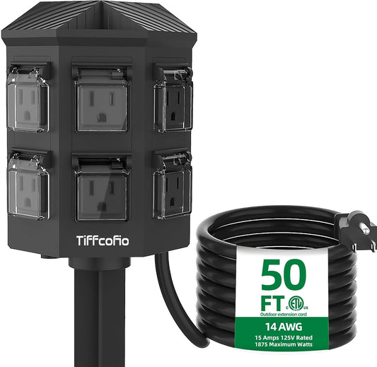 Outdoor Power Strip Weatherproof, 50 FT Extension Cord with Power Stake, 6 Grounded Outlets for Outdoor Lights, 15A/1875W, ETL Listed