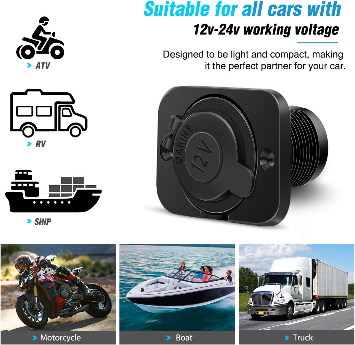2 Pack Car Cigarette Lighter Socket DC 12V Waterproof Power Outlet