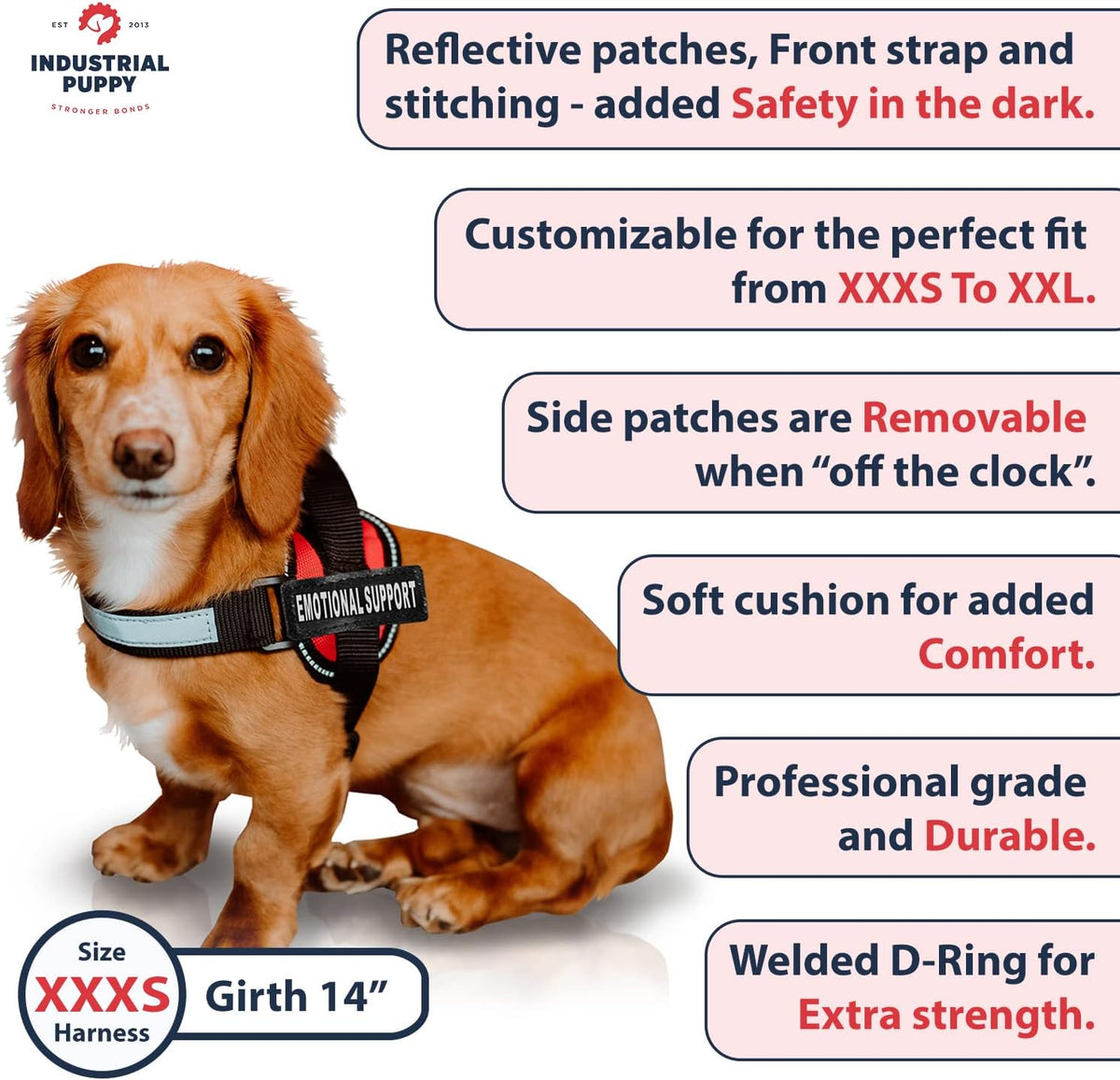 Emotional Support Vest Harness, XXXS 11.5-13 in Bright Red